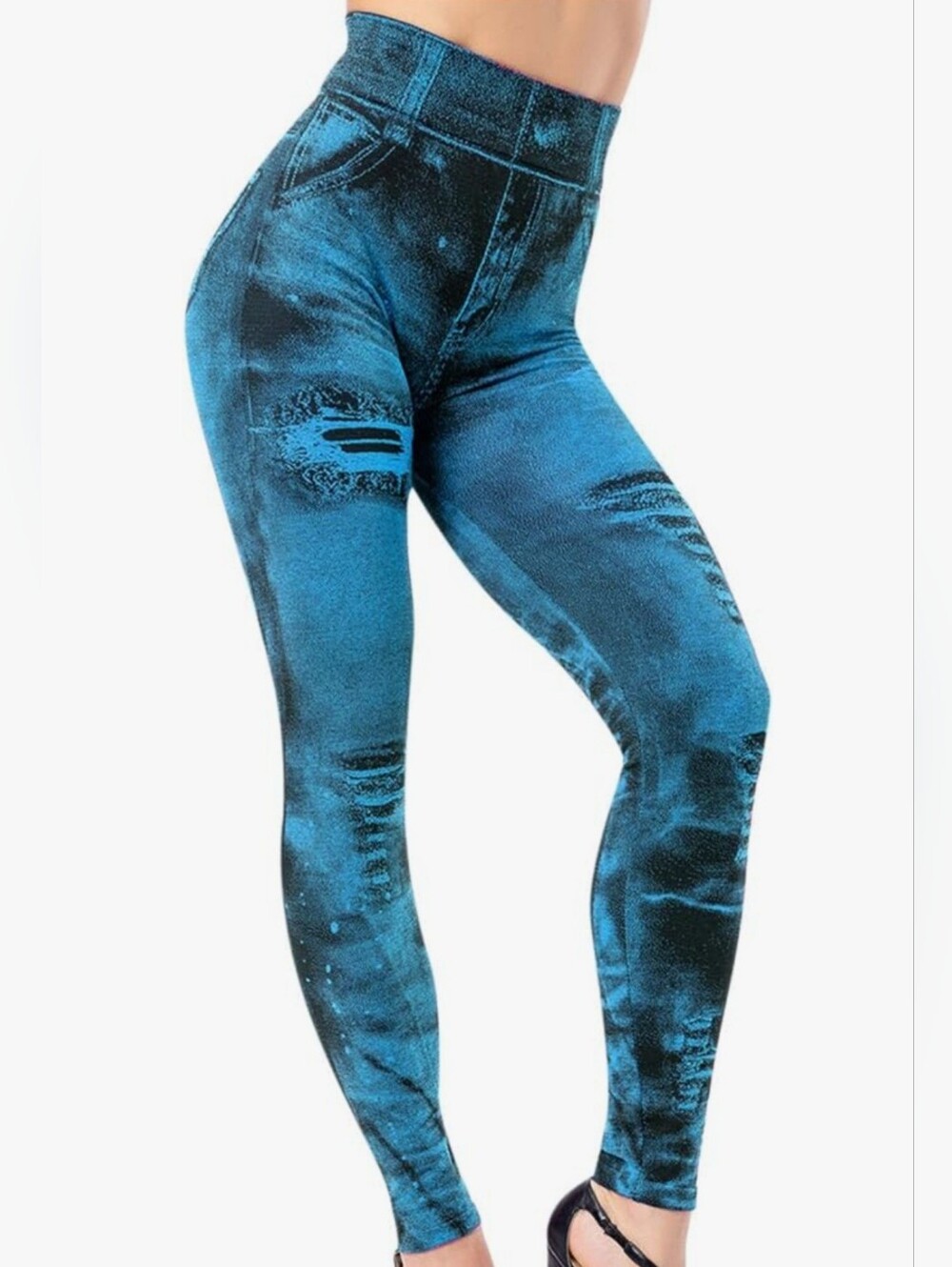 Blue Distressed Jeggings - Stretch Denim-Look Leggings, High Waisted - Picture 9 of 9